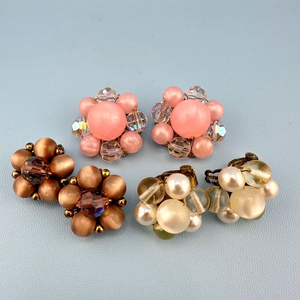 Vintage Thermoset Moonglow Cluster Earrings Lot Clip On Pink w/AB Brown Cream
